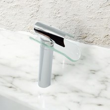 Krom Glass Desing Çanak Lavabo Armatür Gümüş Cam Detaylı Yüksek Lavabo Armatür Şahconcept