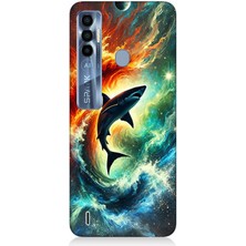 Tecno Spark 7 Pro Uyumlu Ateşle Dans Eden Köpekbalığı  Desenli Silikon Kılıf