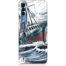 Tecno Spark 7 Pro Uyumlu Beyaz Fırtınada Gemi  Desenli Silikon Kılıf