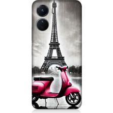 Vivo V16 Uyumlu Pembe Scooter Eyfel Önü  Desenli Silikon Kılıf