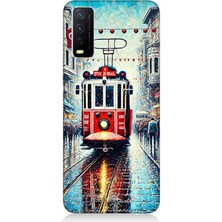 Vivo Y20S Uyumlu Yağmurlu Sokakta Kırmızı Tramvay  Desenli Silikon Kılıf