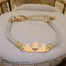 Archin Ekim Ayı Doğumları İçin Taç Figürlü 14 Ayar Altın Plakalı Doğal Siyah Derili Hediye Bileklik-462AY