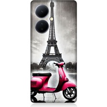 Vivo V29 Lite Uyumlu Pembe Scooter Eyfel Önü  Desenli Silikon Kılıf
