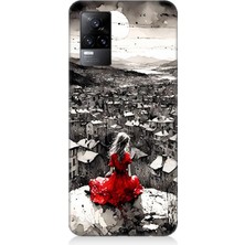 Vivo V21E Uyumlu Siyah Beyazda Kırmızı Elbise  Desenli Silikon Kılıf