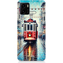 Vivo Y15S Uyumlu Yağmurlu Sokakta Kırmızı Tramvay  Desenli Silikon Kılıf