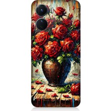 Vivo V16 Uyumlu Kırmızı Vazoda Gül Ziyafeti  Desenli Silikon Kılıf