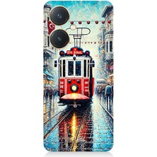Vivo Y27 Uyumlu Yağmurlu Sokakta Kırmızı Tramvay  Desenli Silikon Kılıf