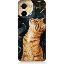 Vivo Y28 Uyumlu Aya Bakan Meraklı Kedi  Desenli Silikon Kılıf