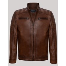 Deri Work Hakiki Deri Kahverengi Erkek Deri Mont Düz Çizgi Desenli Yan Cepli Fermuarlı Deri Ceket