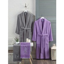 Mira Home 4 Parça Aile Bornoz Seti Kadın Erkek Havlulu Bornoz Takımı Gri Lavanta