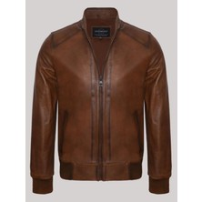 Deri Work Hakiki Deri Kahverengi Erkek Deri Mont Yandan Cepli Fermuarlı Deri Ceket