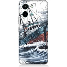 Vivo Y28 Uyumlu Beyaz Fırtınada Gemi  Desenli Silikon Kılıf