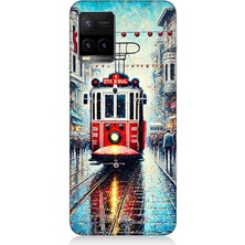 Vivo Y53S Uyumlu Yağmurlu Sokakta Kırmızı Tramvay  Desenli Silikon Kılıf