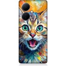 Vivo V29 Lite Uyumlu Parlayan Gözlü Neşeli Kedi  Desenli Silikon Kılıf