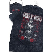 Fuddy Moda Oversize Red Guns N' Roses Sırt Baskılı Yıkamalı T-Shirt, Unisex Rock Band Temalı Retro Tişört