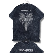 Oversize Yaratık Megadeth Sırt Baskılı Yıkamalı T-Shirt, Unisex Rock Band Temalı Vintage Tişört