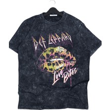 Oversize Def Leppard Love Bites Baskılı Yıkamalı T-Shirt, Unisex Rock Band Temalı Retro Tişört