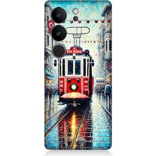 Vivo V295G Uyumlu Yağmurlu Sokakta Kırmızı Tramvay  Desenli Silikon Kılıf