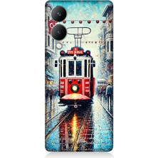 Vivo Y17S Uyumlu Yağmurlu Sokakta Kırmızı Tramvay  Desenli Silikon Kılıf