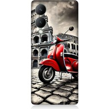 Vivo Y17S Uyumlu Kırmızı Vespa Roma Sokakları  Desenli Silikon Kılıf