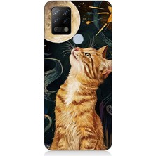 Tecno Pova Uyumlu Aya Bakan Meraklı Kedi  Desenli Silikon Kılıf