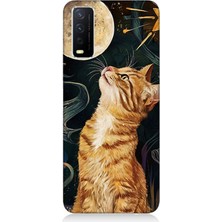 Vivo Y20 Uyumlu Aya Bakan Meraklı Kedi  Desenli Silikon Kılıf