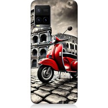 Vivo Y53S Uyumlu Kırmızı Vespa Roma Sokakları  Desenli Silikon Kılıf