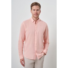  Erkek Turuncu Keten Trend Dynamic Fit Düğmeli Yaka Gömlek