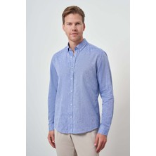  Erkek Mavi Keten Trend Dynamic Fit Düğmeli Yaka Gömlek