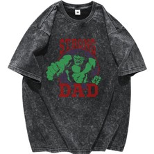 Hulk Strong Dad Yazılı Yıkamalı Tişört, Oversize Babalar Günü Temalı Vintage T-Shirt