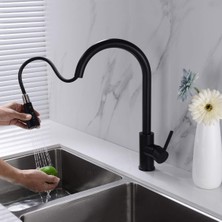 Siyah Lavabo Mutfak Musluğu Aşağı Çekilebilir Püskürtmeli Paslanmaz Çelik Tek Kulplu Musluk