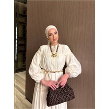 Kadın Taşlı Bağcık Detaylı Uzun Vual Astarlı Elbise