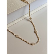 Lerosy Co. Zirkon Taşlı Oval Gold Kolye Çelik Kadın