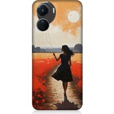 Vivo V16 Uyumlu Balonlu Kadın ve Gelincik Tarlası  Desenli Silikon Kılıf