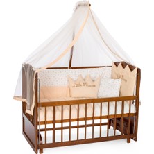 Bamgidoo Ahşap Ceviz Renk Anne Yanı Beşik 3 Kademeli Sallanan Ahşap Beşik 60 x 120 cm - Krem Prenses Uyku Setli & Soft Yataklı