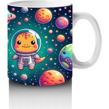 Çocuklara Sütü Sevdiren Sevimli Astronot Dinozor ve Renkli Gezegenler Desenli Kupa Bardak