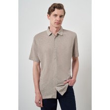  Erkek Bej Trend Apaçi Yaka Kısa Kollu Gömlek