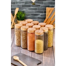 12'li Ahşap Görünümlü Plastik Kapaklı Cam Kavanoz Erzak Bakliyat Saklama Kabı Seti 1350 ml