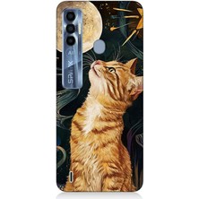 Tecno Spark 7 Pro Uyumlu Aya Bakan Meraklı Kedi  Desenli Silikon Kılıf