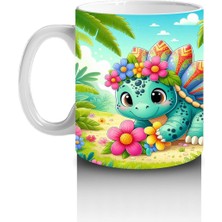 Çocuklara Sütü Sevdiren Çiçek Taçlı Sevimli Dinozor Desenli Kupa Bardak