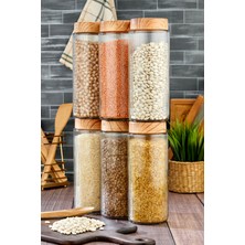 6'lı Ahşap Görünümlü Plastik Kapaklı Cam Kavanoz Erzak Bakliyat Saklama Kabı Seti 1350 ml