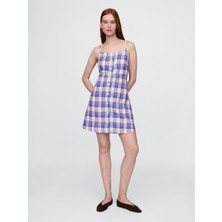 Gap Kadın Mavi Linen-Blend Bağcıklı Mini Elbise