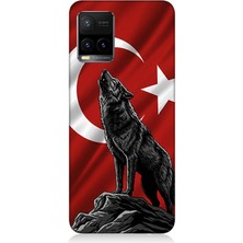 Vivo Y33S Uyumlu Bayrak Önünde Uluyan Kurt  Desenli Silikon Kılıf
