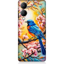 Vivo Y17S Uyumlu Pembe Dallarda Mavi Kuş  Desenli Silikon Kılıf