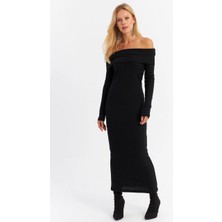 Kadın Siyah Madonna Yaka Kaşkorse Maxi Elbise Hol1