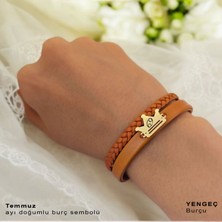 Archin Temmuz Ayı Doğumları İçin Taç Motifli 14 Ayar Altın Plakalı Kahverengi Derili Hediye Bileklik-467AY