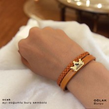 Archin Oğlak Burçlarına Özel Taç Motifli 14 Ayar Altın Plakalı Kahverengi Derili Hediye Bileklik-467BURÇ