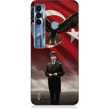 Tecno Spark 7 Pro Uyumlu Kartal Bayrak ve Mustafa Kemal Atatürk  Desenli Silikon Kılıf