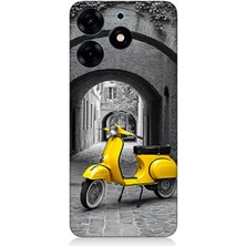 Tecno Spark 10 Pro Uyumlu Taş Sokakta Sarı Vespa Motosiklet  Desenli Silikon Kılıf