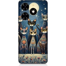 Tecno Spark 20C Uyumlu Ay Altında Kedi Ailesi  Desenli Silikon Kılıf